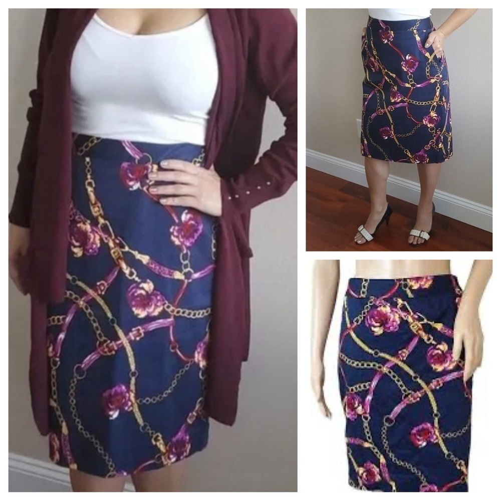 Charter Club Petite A-Line Skirt Floral and Gold Chain Design w/ Pockets Sz 10P